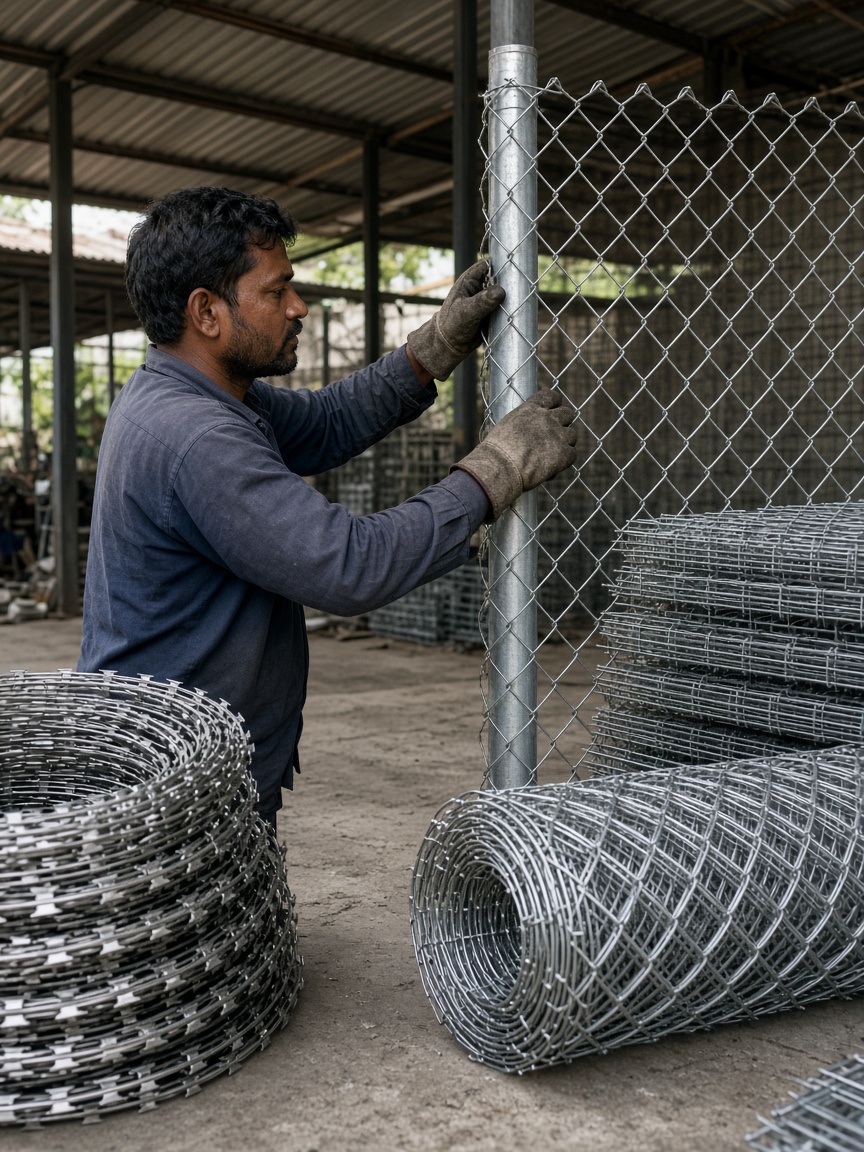Worker fitting chain link fencing beside concertina wire in a Kolkata workshop