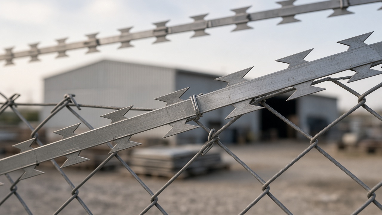 Galvanized razor blade tape wire fixed along a perimeter fence